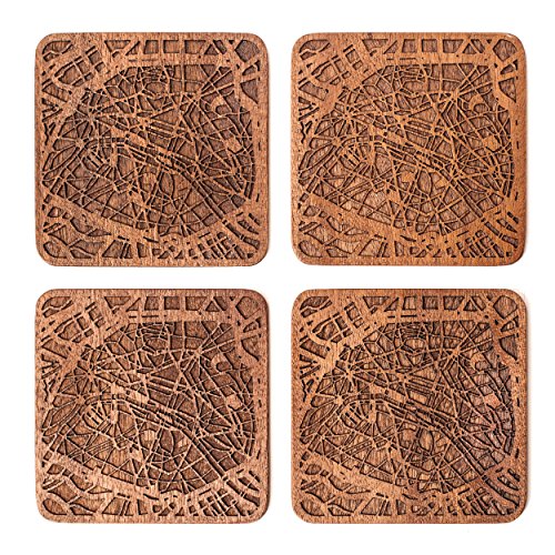 Paris Map Coaster by O3 Design Studio, Set Of 4, Sapele Wooden Coaster With City Map, Handmade