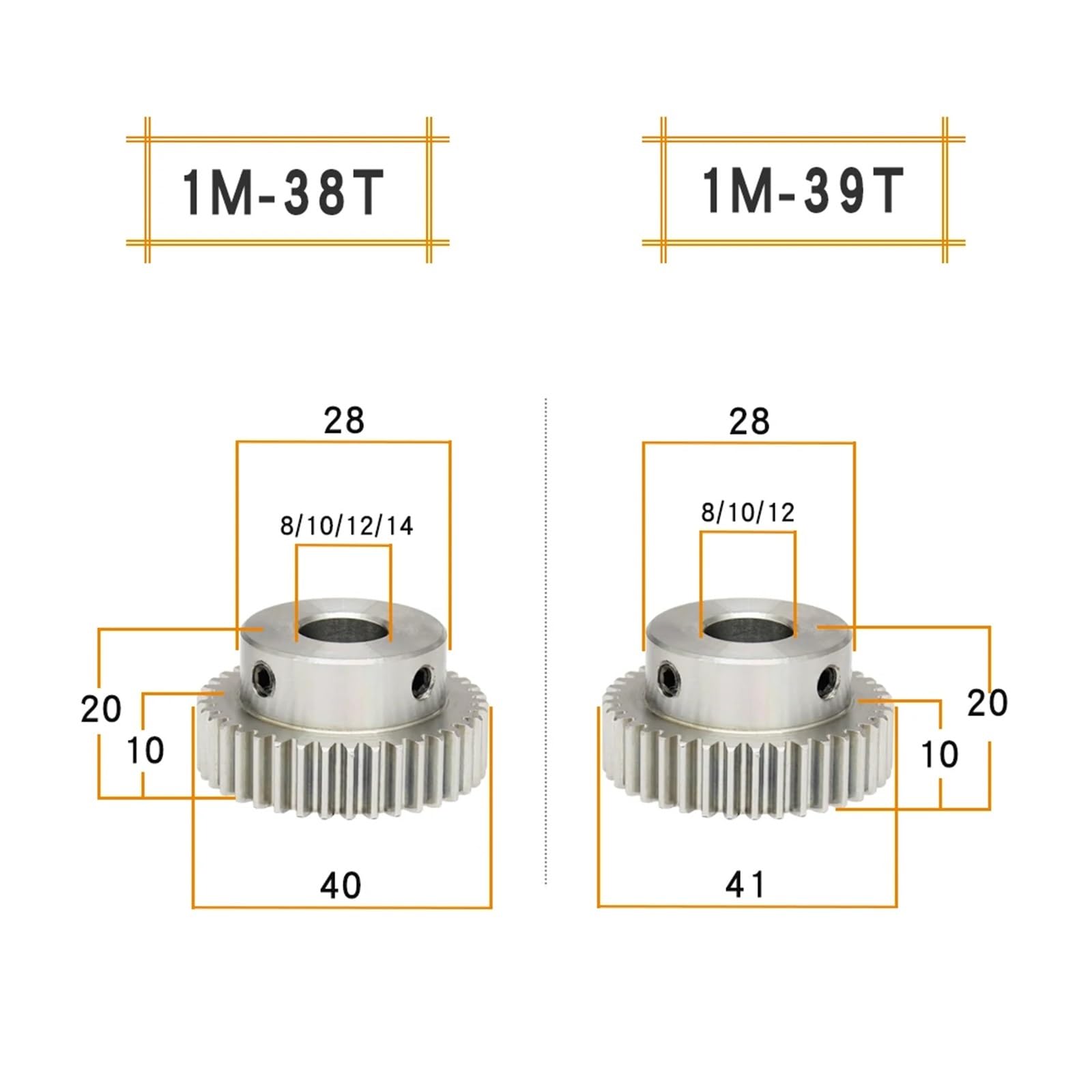 Bevel Gear Pinion Hardware Mechanical 1pcs Gear Wheel 1M-38T/39T Bore Size 8/10/12/14mm 304 Stainless Steel Motor Gear Teeth Thickness 10mm Total Height 20mm(1M39T (Bore 12mm))