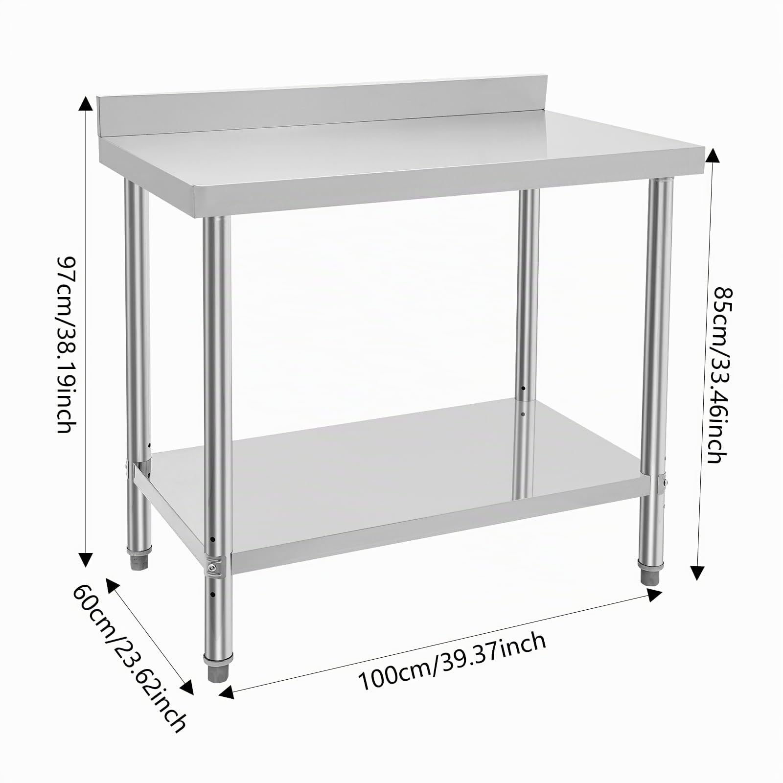 mesa de trabajo de acero inoxidable, 100 x 60 x 97 cm, cocina con borde ajustable, desmontable para muebles de cocina, restaurante, bar