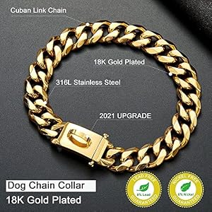 Gold Dog Chain Collar Walking Metal Chain Collar with Design Secure Buckle,18K Cuban Link Strong Heavy Duty Chew Proof for Medium Dogs(19MM, 14") Gold Dog Chain Collar Walking Metal Chain Collar with Design Secure Buckle,18K Cuban Link Strong Heavy Duty Chew Proof for Medium Dogs(19MM, 14″)