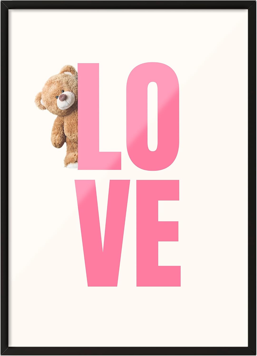 Zestia Siyah Çerçeveli Tablo, LOVE Yazısı ve Ayıcık Figürü, Tatlı Tipografi Poster No: 107660 50 x 70