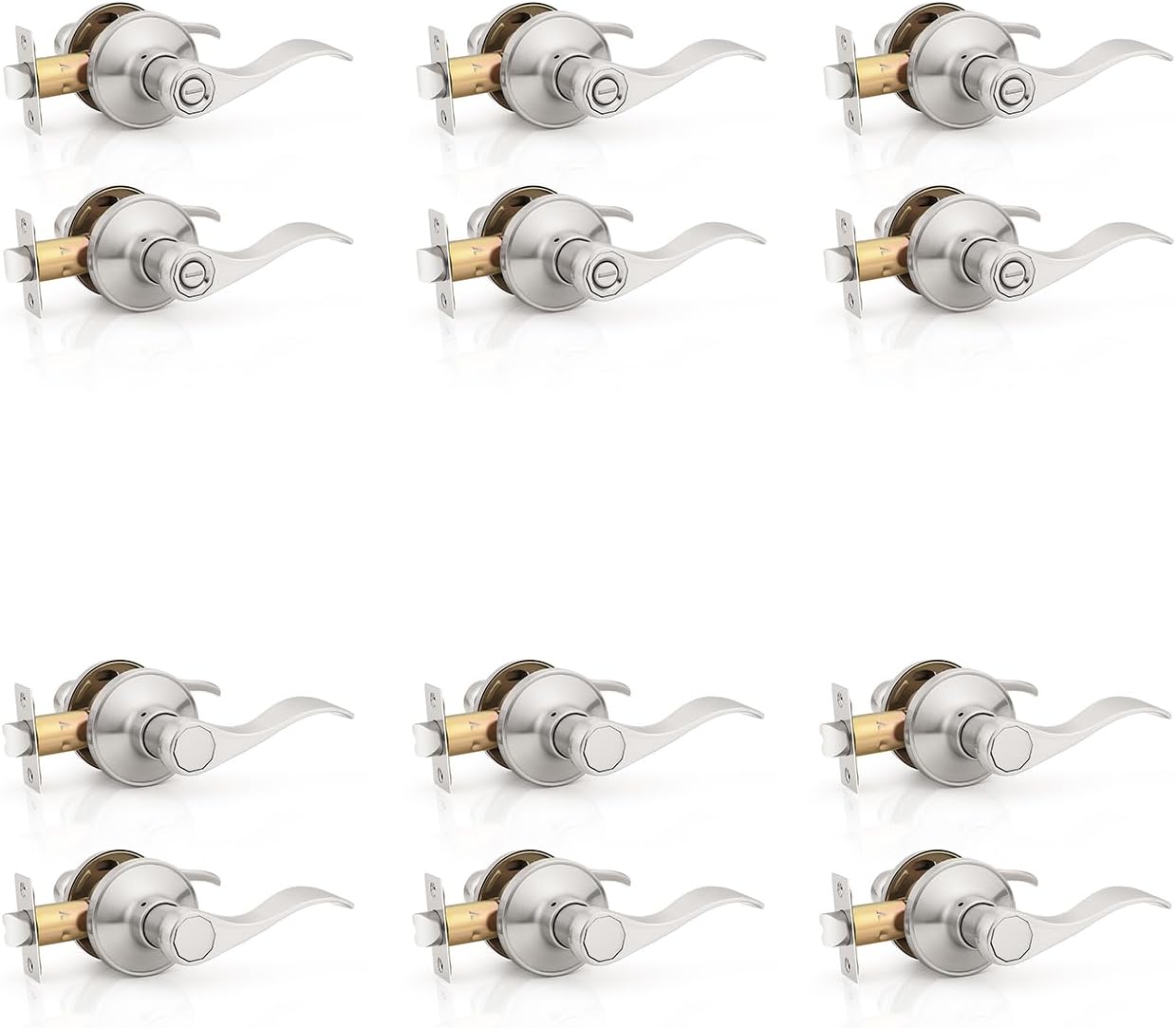 KNOBWELL 6 Pack Privacy Door Handle and 6 Pack Passage Door Handle Wave Style Door Lever Brushed Nickel Interior Door Knob