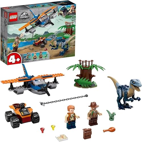 LEGO 75942 Jurassic World 4+ Velociraptor Misión de rescate de biplano Dino Juguetes para niños preescolares
