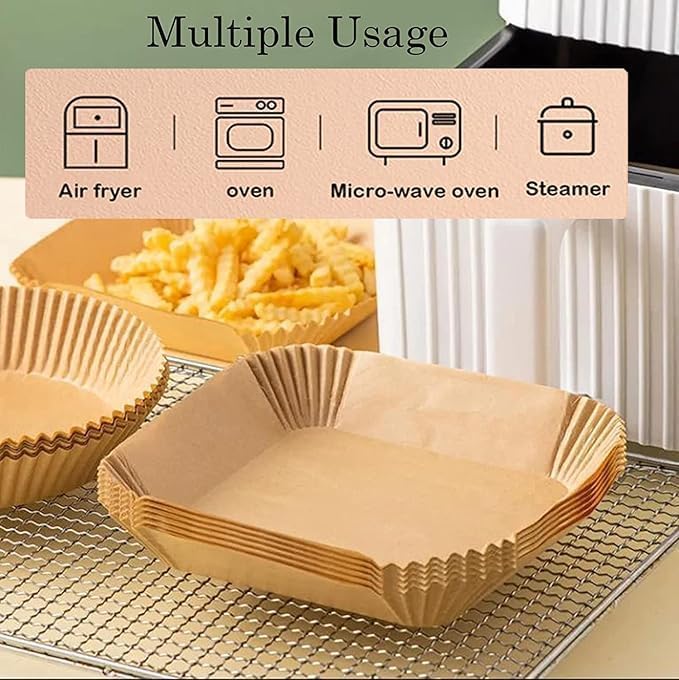Image of E-COSMOS EasyBake 100 PCS Disposable Air Fryer Paper Sheets - 8 Inch Oil-Proof Parchment for Roasting, Baking & Cooking - Great for Microwave Use (Disposable Liners)