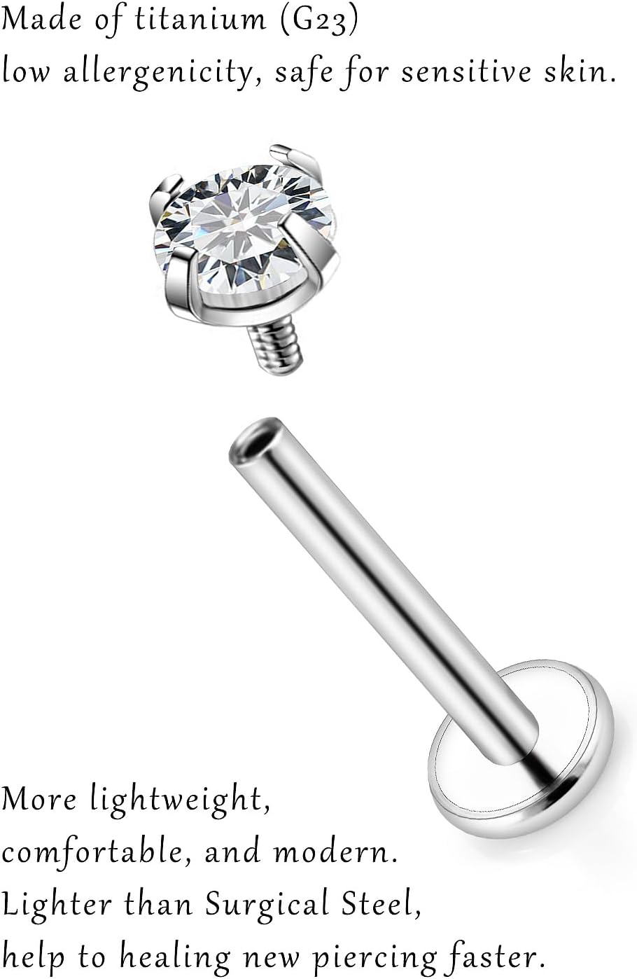 20g/18g/16g G23 Titanium Internally Threaded Clear CZ Stud Piercing Jewelry for Nose/Tragus/Conch/Helix/Cartilage/Medusa/Lip/Labret - Nose Studs Lip Rings Cartilage Earring for Women Men 2PCS - Image 3