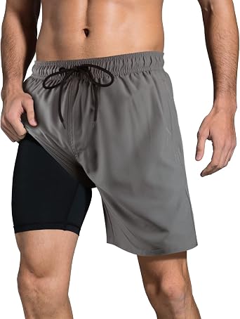 Mens Swim Trunks Comfortable Compression Liner Swim Shorts Zipper Pockets Quick Dry 7" Inseam Bathing Suit Swimsuits