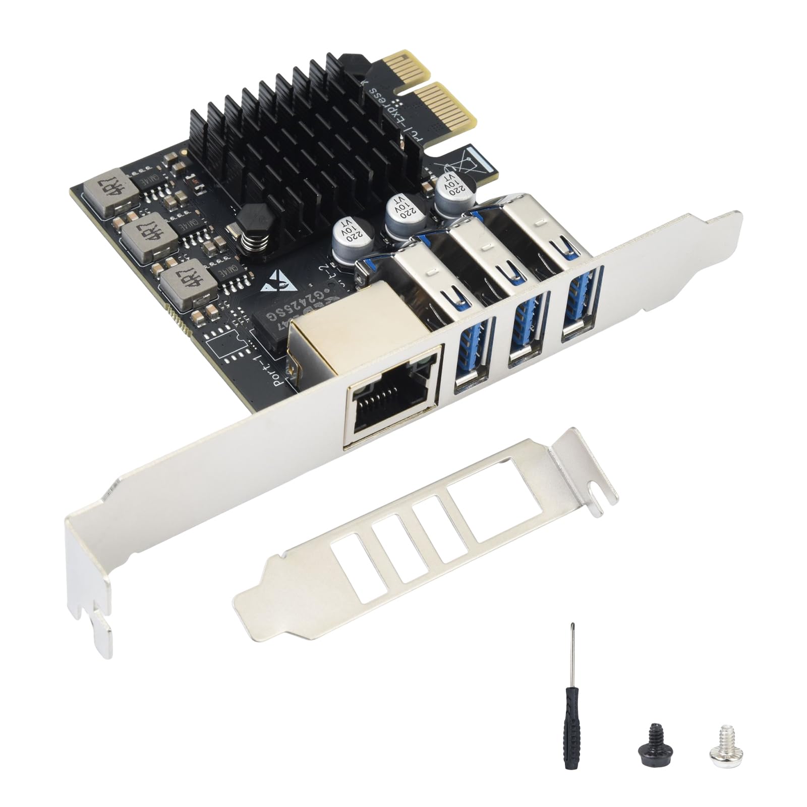 ELUTENG Carte d'extension PCIe vers USB 3.0 + Carte réseau Gigabit, 3 Ports USB Type-A + Adaptateur réseau 10/100/1000Mbps avec Puce RTL8153 pour Windows XP/Vista/Win 7/Win 8/Win 10
