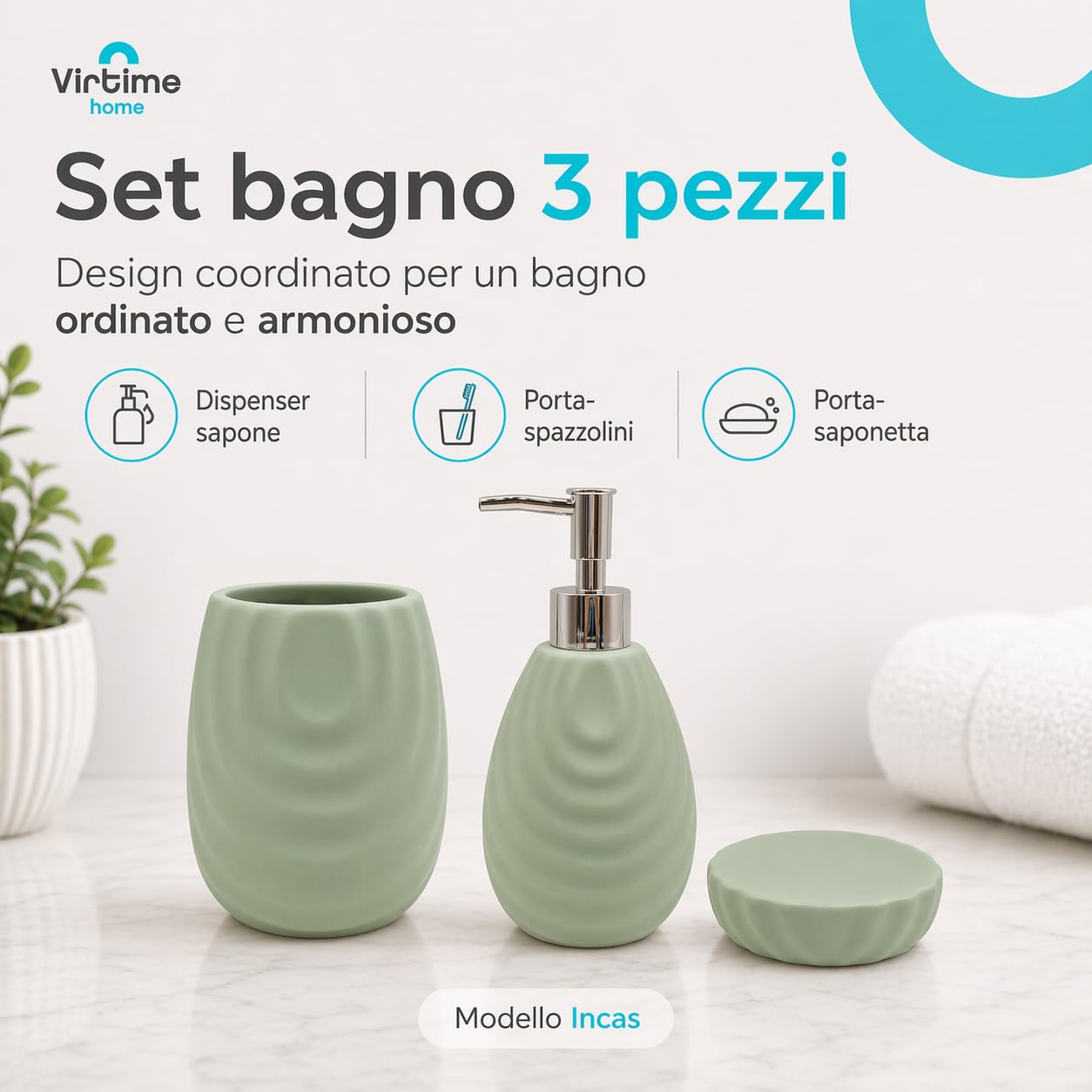 Set Accessori Bagno 3 Pezzi in Ceramica Lucida Modello Incas, Dispenser Sapone Liquido, Porta Spazzolini e Porta Saponetta (verde)