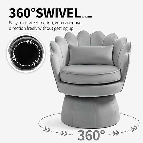 Miniatura 5 de Silla giratoria de 360, silla de barril de terciopelo moderna de mediados de siglo, cómoda silla con brazo en forma de concha con almohada lumbar