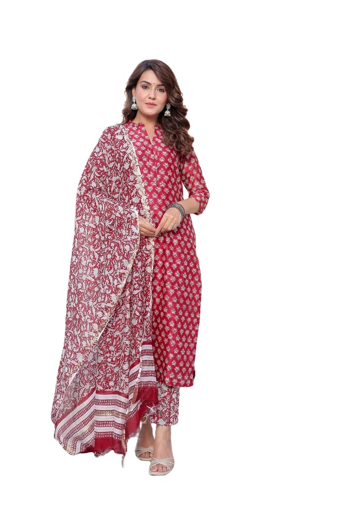 Leriya Fashion Floral Dresses For Women & Kurta Set With Dupatta For Women, Straight Kurties (Medium, Red)