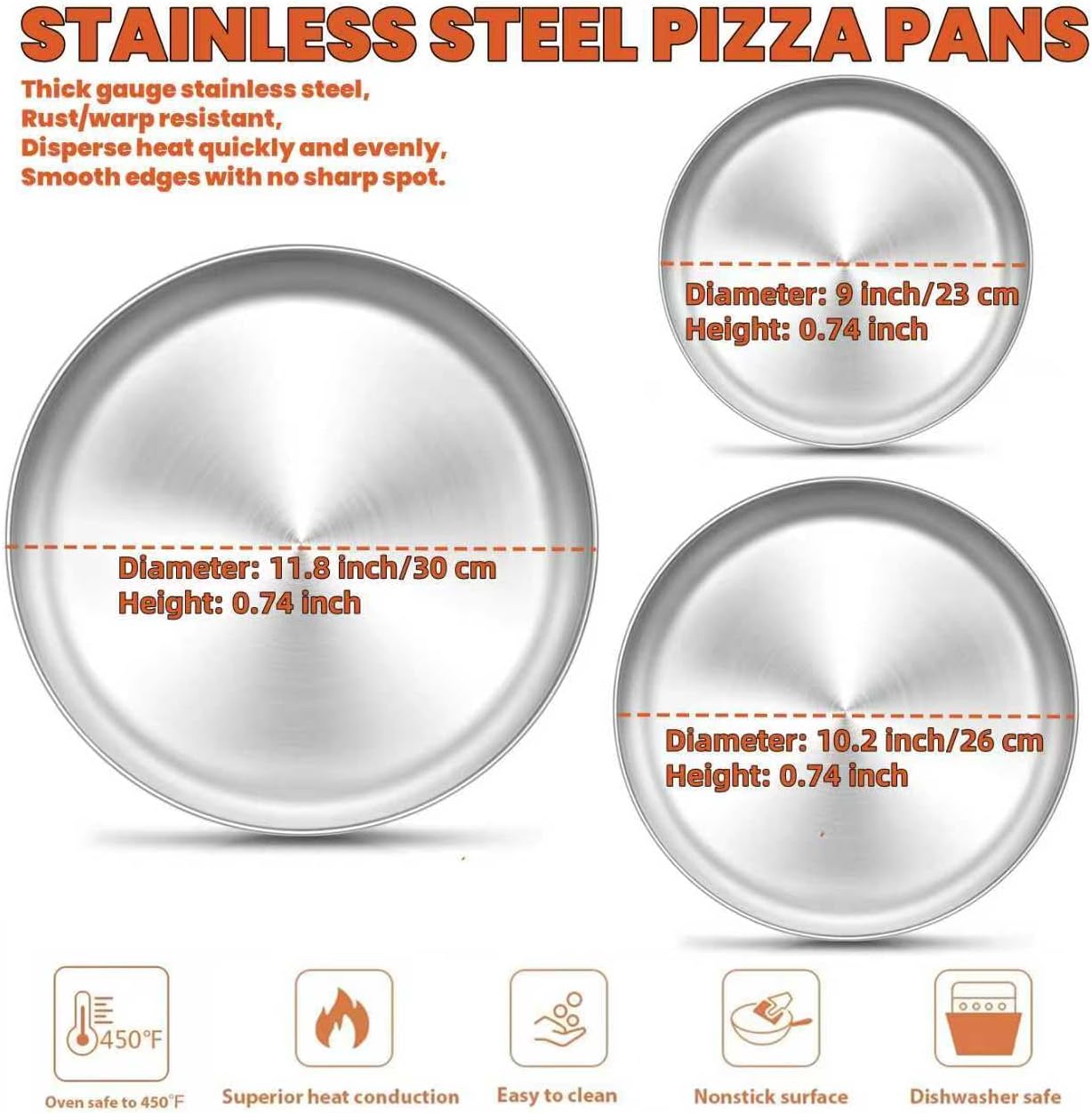 3Pack Stainless Steel Pizza Pan for Oven Personal Pizza Pans, 9 Inch, 10 Inch, 12 Inch Stainless Steel Pizza Pan Set, 3 Sizes Round Pizza Baking Pan for Pizza Cookies, Non-toxic and Durable,Oven Safe