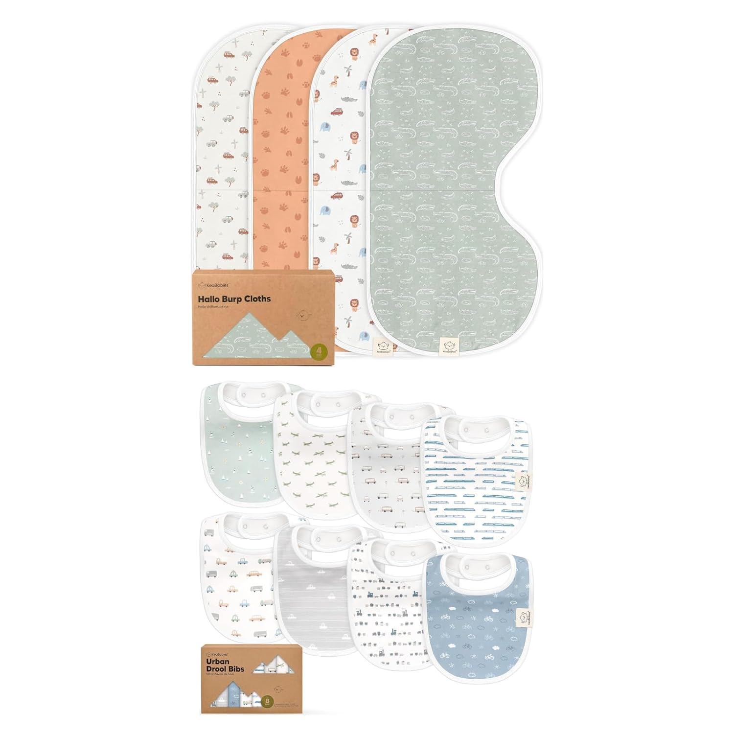 KeaBabies 4-Pack Baby Burp Cloths for Girl, Boy and 8-Pack Baby Bibs for Girls & Boys - Cotton Burp Cloth Extra Large - Teething Bibs for Infant, Toddlers