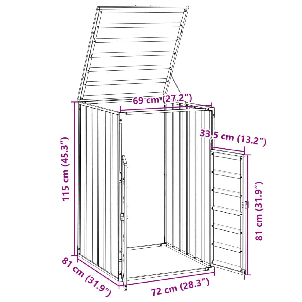 vidaXL Copribidone con Ruote Bidone Singolo Grigio 72x81x115cm Acciaio, copribidone singolo con ruote, copribidone da giardino, copertura per cassonetti