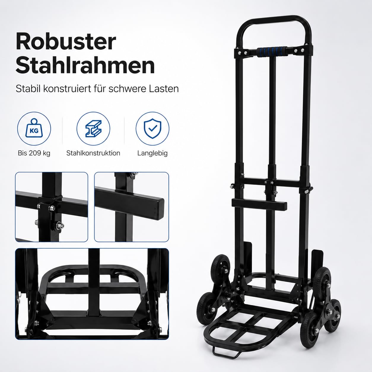 Treppensteiger Sackkarre klappbar bis 210kg - Profi Treppensackkarre aus Stahl mit 6 PU-Rädern,Transportkarre höhenverstellbar 73-114,5cm für Umzug & Treppen, Schwarz