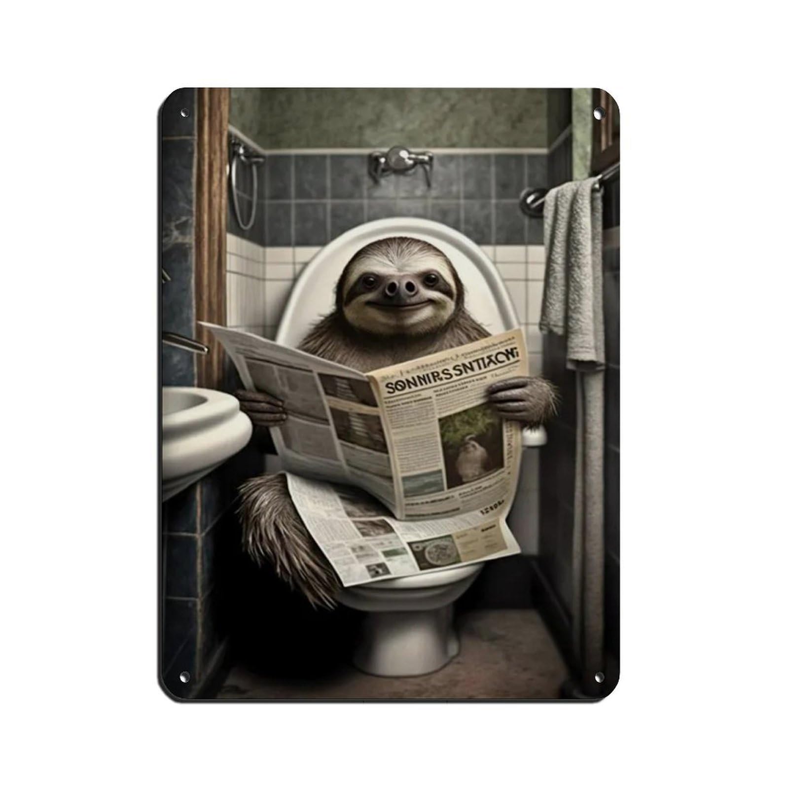Lxwnze 30L X 40W Cm Sloth Sitting On The Toilet Reading A Newspaper Retro Poster Metal Tin Sign Chic Art Retro Iron Painting Bar People Cave Cafe Family Garage Poster Wall Decoration 12X16inch(30X40cm)