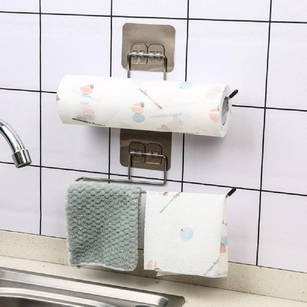 Mahi Enterprise® Stainless Steel Self Paper Roll Holder Tissue Paper Stand Towel Bar Hanger for Kitchen Bathroom Toilet with Magic Adhesive Pad and Kitchen Paper Roll Holder (Pack of 1) 4