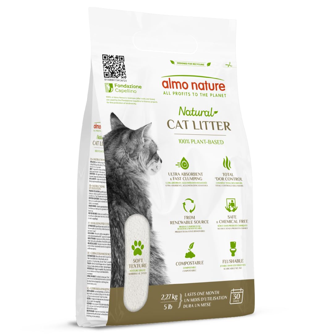 Almo Nature Cat Litter - Soft Texture | Lettiera A Trama Finissima Per Gatti, 100% Vegetale, Certificata Biodegradabile e Compostabile | Agglomerante | Copre gli Odori | Compatibile con Robot – 2.27Kg