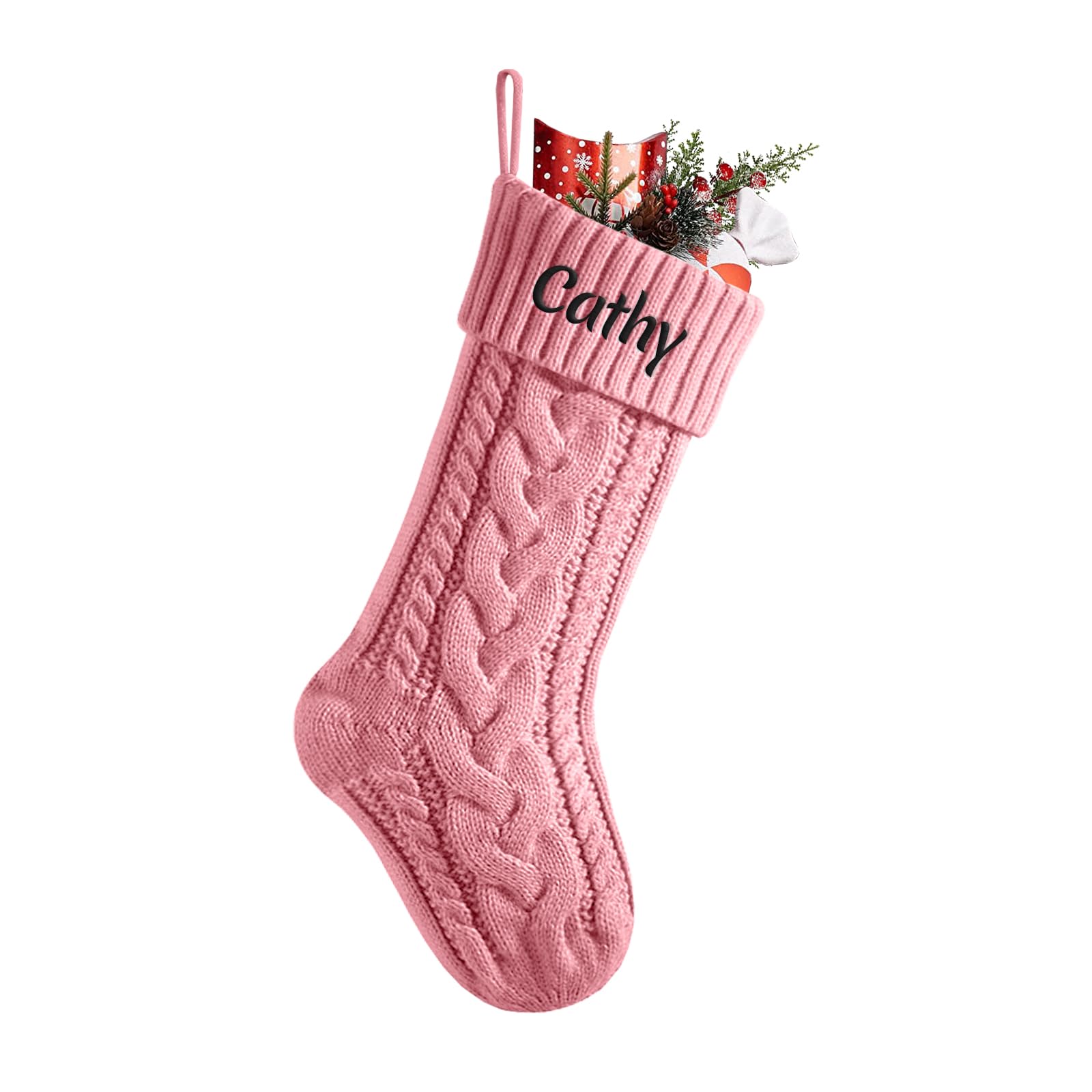Cysincos Personalized Christmas Stockings Custom Name Family Christmas Stockings 18" Large Knitted Xmas Fireplace Hanging Stocking, Stocking for Holiday Family Party (Pink) — image 1