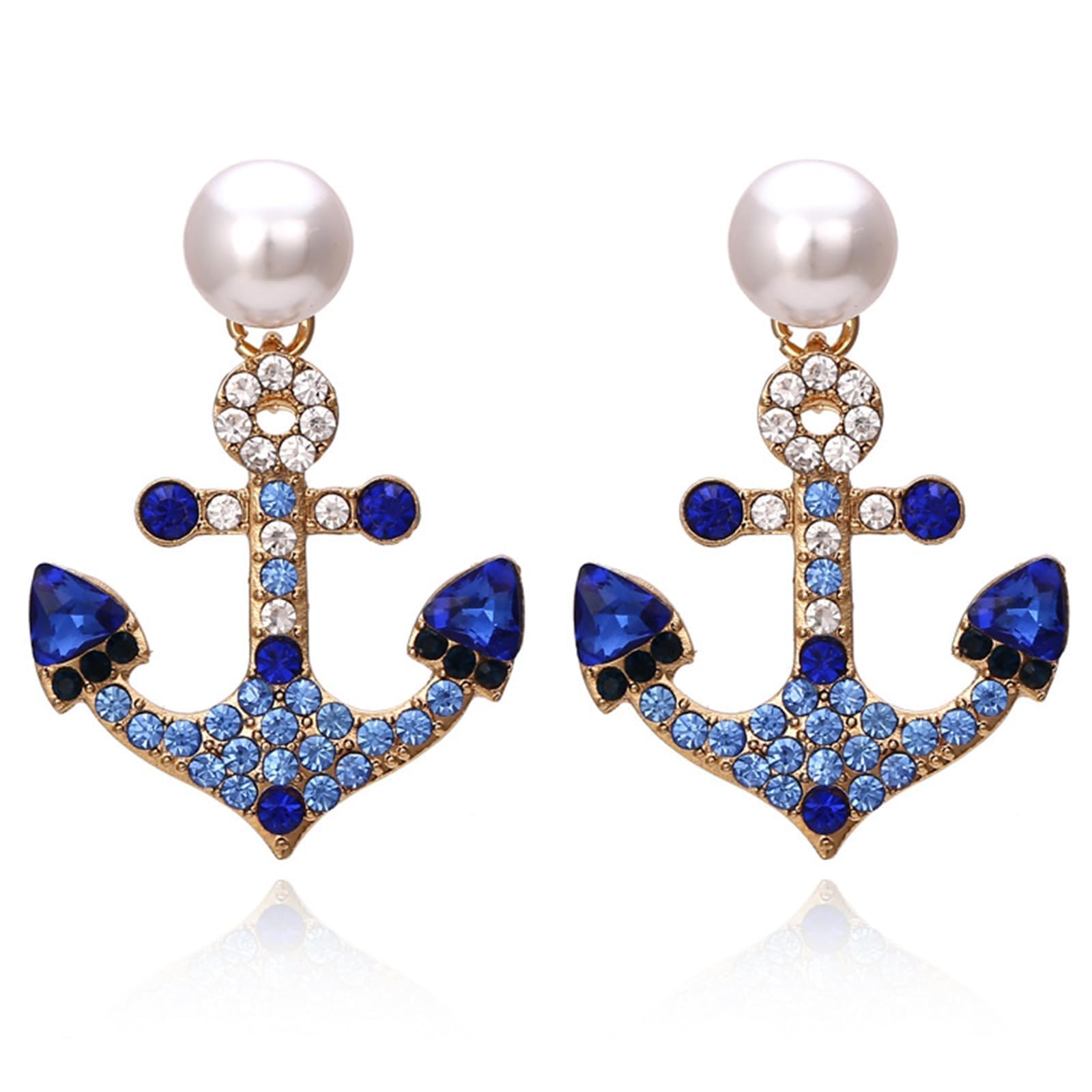 Anchor Earrings for Women Blue Rhinestone Pearl Dangle Nautical Yacht Rock Party Outfits Jewelry