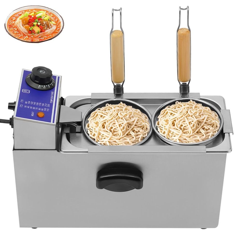 FHRKA Commercial 2 Hole Noodle Cooking Machine, 2000W Electric Noodles Cooking and Fried Maker, Table Top Pasta Cooker with Noodle Filter