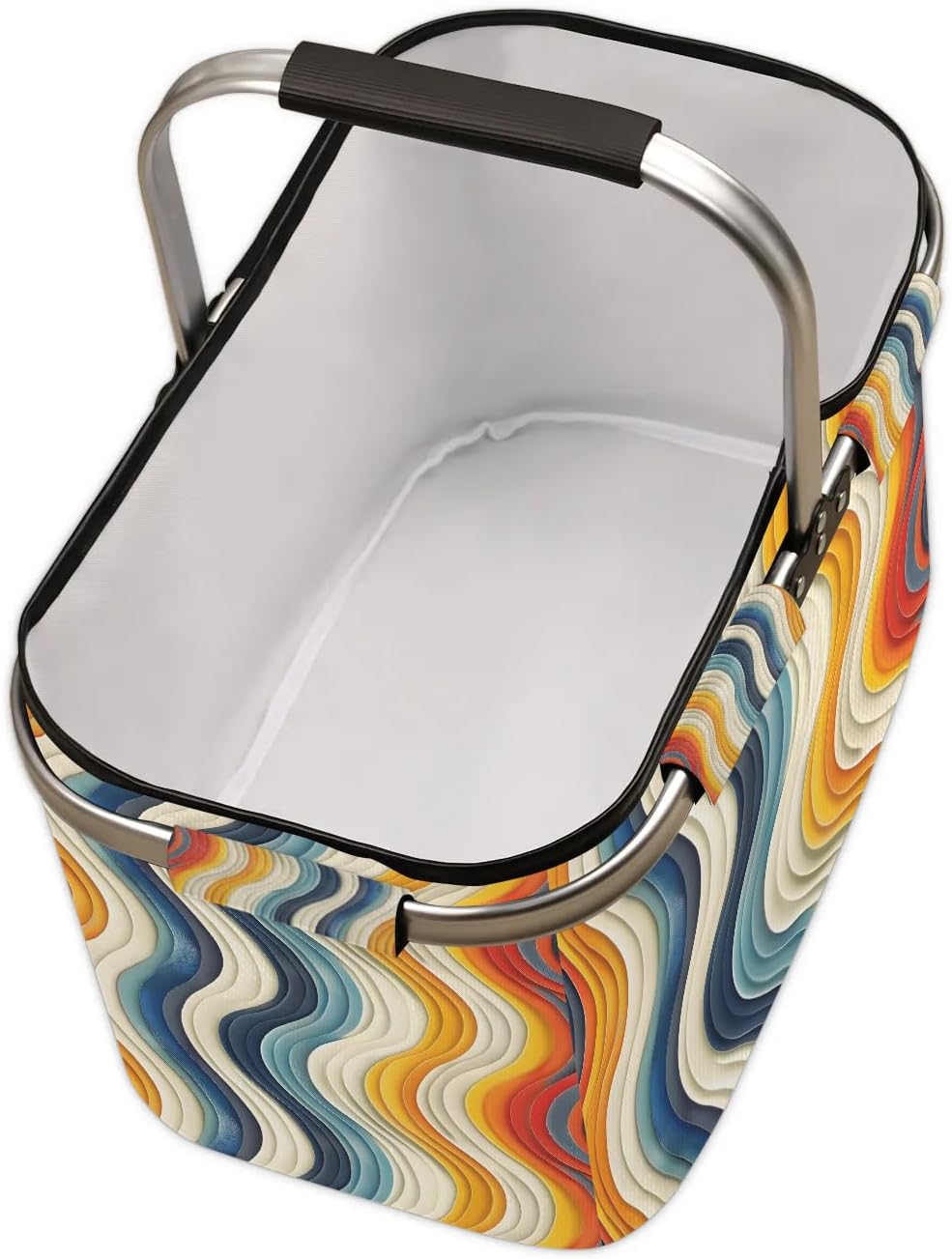 Liquid Curve Line Picnic Basket Large Collapsible Market Basket with Handle Aluminum Frame Shopping Basket Foldable Portable Grocery Bags Laundry Basket for Travel Camping Picnic