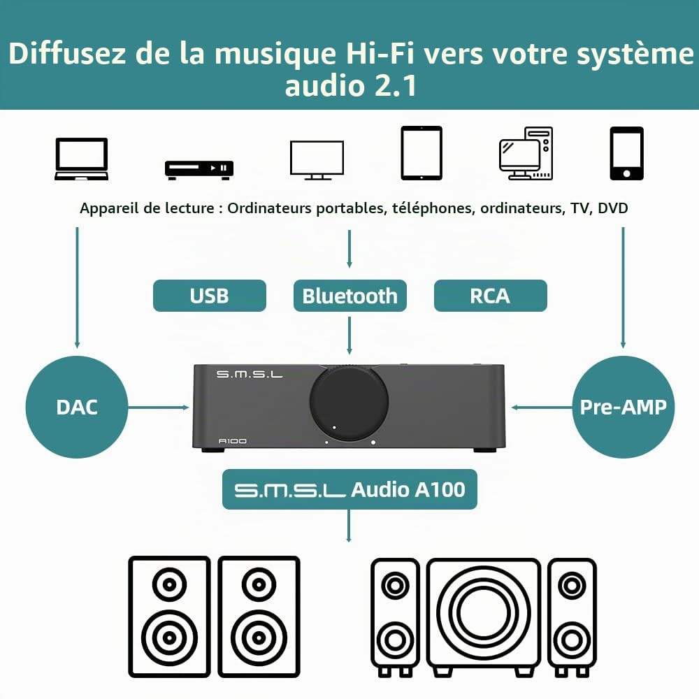 S.M.S.L A100 Bluetooth 5.0 stéréo Audio Mini amplificateur Classe D MA12070 Puce récepteur ampli 2 canaux pour Haut-parleurs de Bureau à Domicile 80Wx2