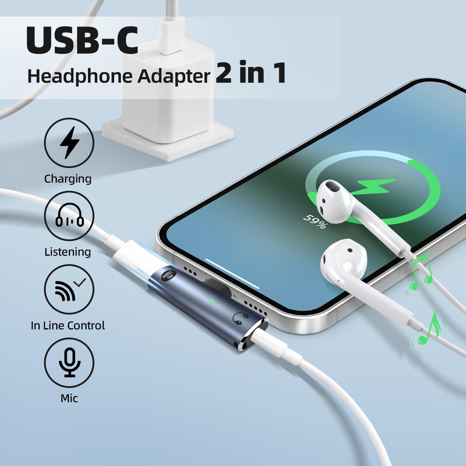 Adattatore per cuffie USB-C – 2 in 1 Ricarica Rapida da 100W e Adattatore Audio da 3.5mm per Telefoni e Dispositivi di Tipo C