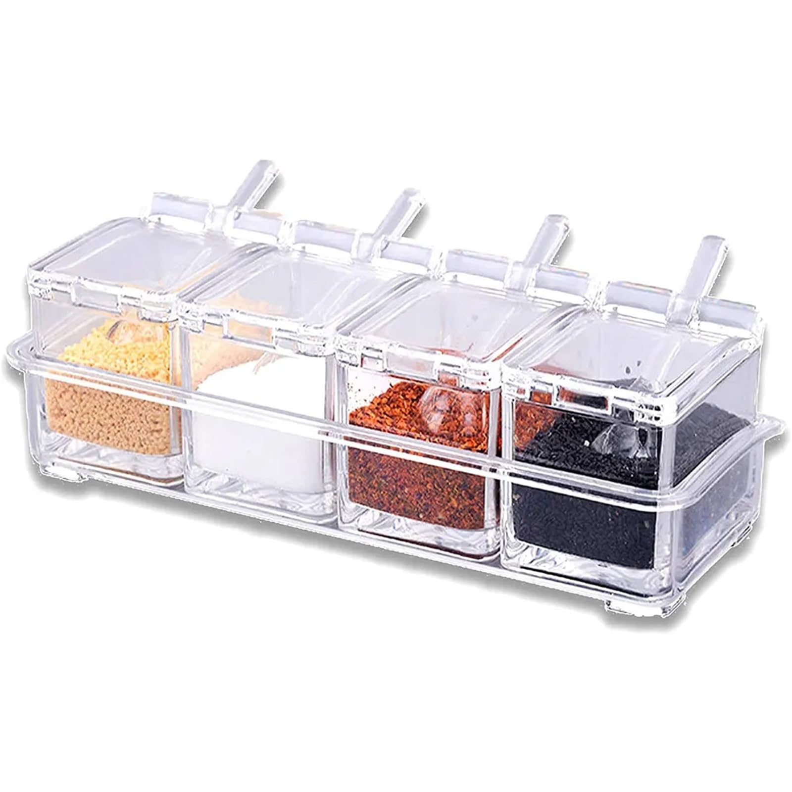 UBOHUZ Seasoning Box, Set of 4 Crystal Storage Container with Spoon Clear Rack Spice Pots for Pepper for Salt Sugar Spice Pepper