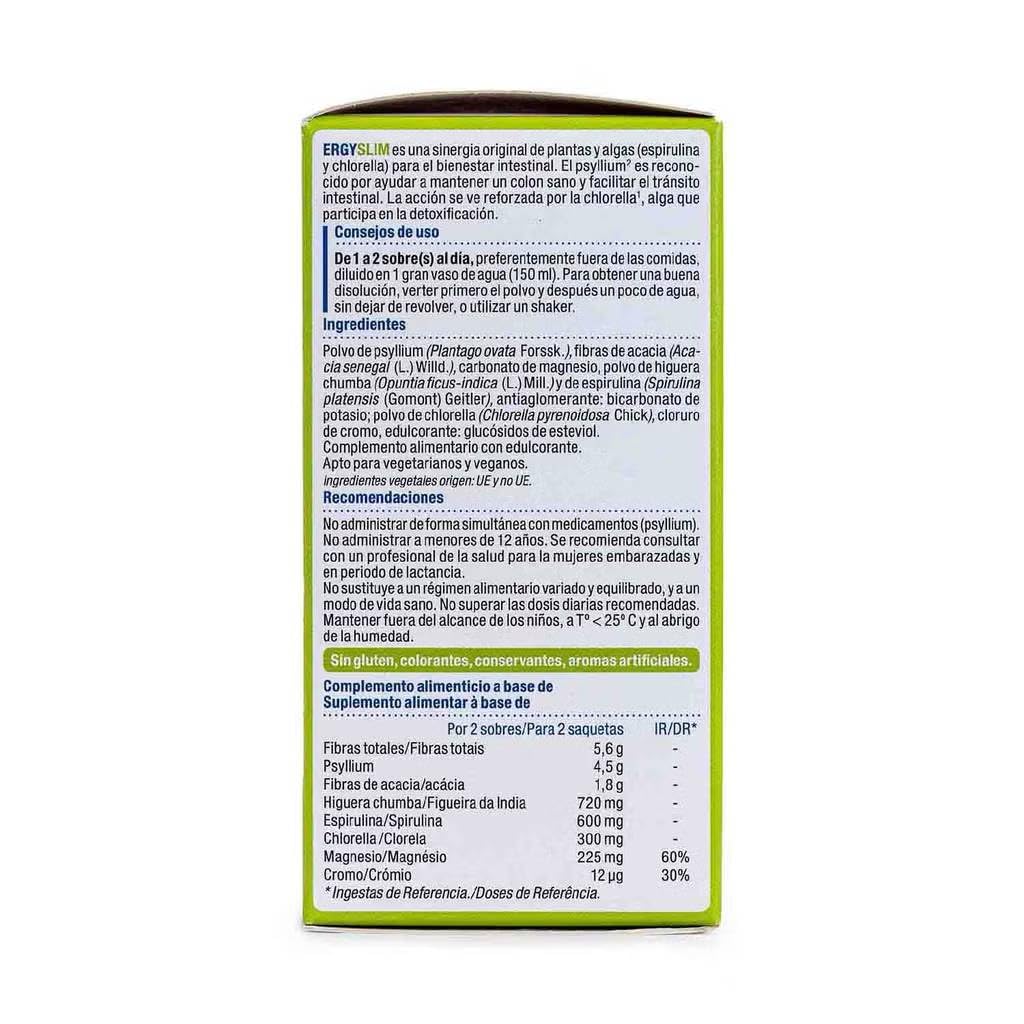 Pack 2 x Nutergia ErgySlim 30 sobres (60 sobres) – Complemento rico en fibras (psyllium y acacia) con higuera chumba, spirulina y clorela, en sobres para mezclar, apto veganos