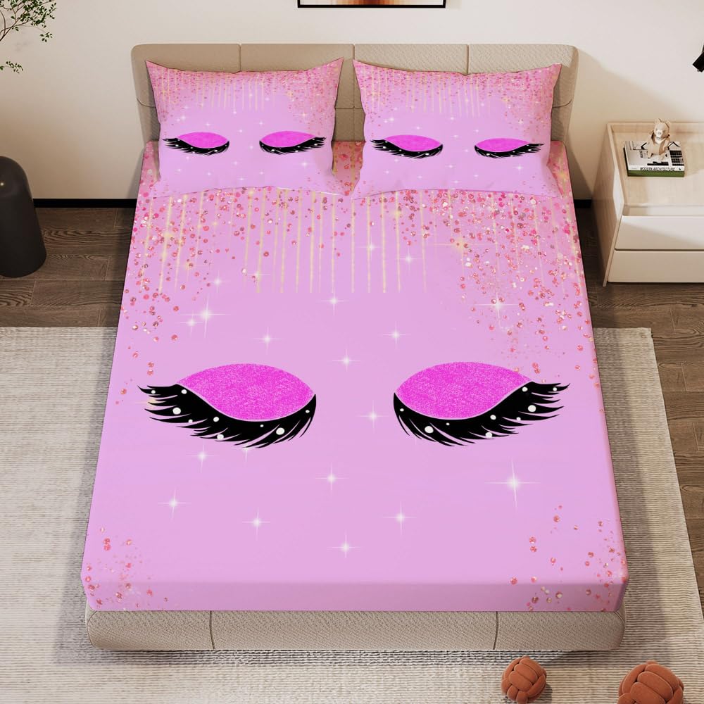 Eyelash Fitted Sheet King Girls Pink Purple Glitter Bed Sheets for Women Kids Teens Bedroom Decor Girly Eyes Pattern Bedding Set 3 Pieces Deep Pocket