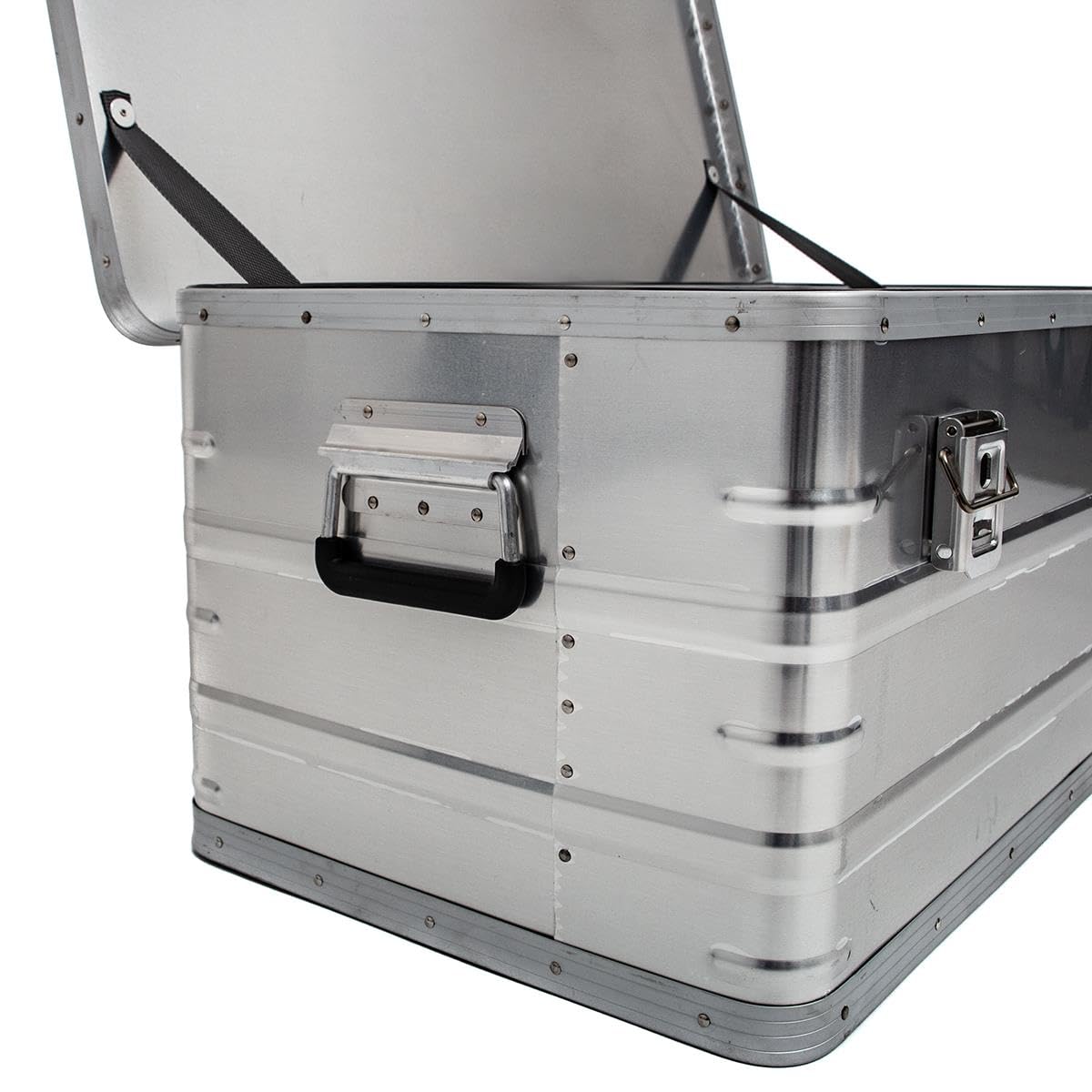 Alu Transportbox 95L – Robuste Aluminiumkiste 77,5×42,4×33,3 cm, IP54 staub- & spritzwassergeschützt, stapelbare Werkzeugbox mit Deckeldichtung & Sicherheitsgriffen für Werkstatt, Camping & Transport