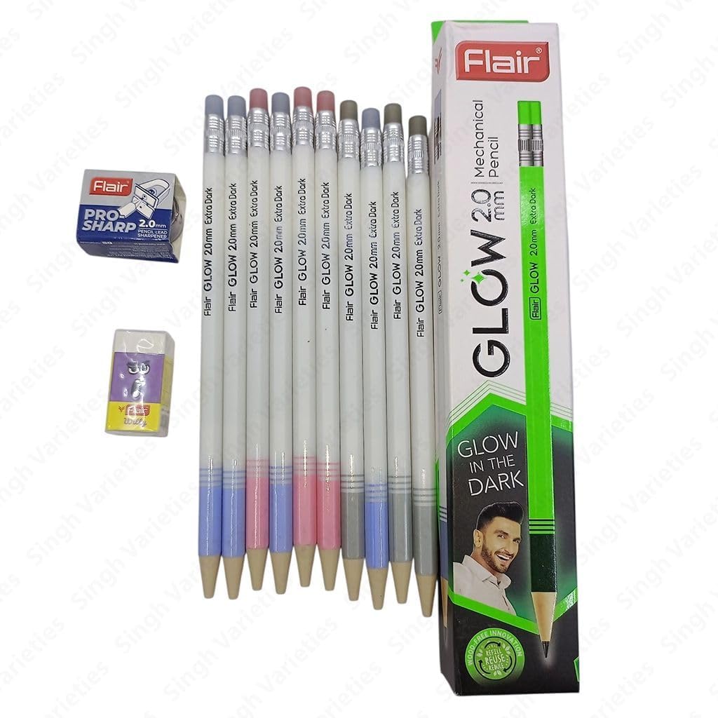Made by Flair Glow 2.0 mm Mechanical Pencils, Super Dark Lead, Glow in the Dark, Refillable, 10 Pack with Sharpener and Eraser-image-44
