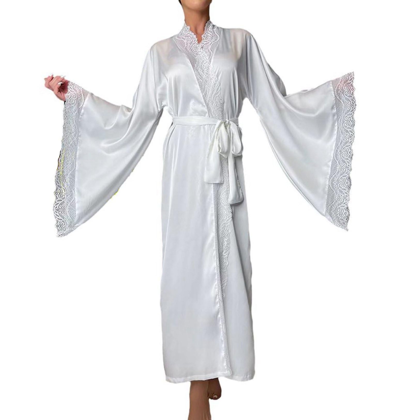 Bathrobe, Silk Style, Long Length, Robe, Nightgown, Nightgown, Long Sleeve, Women's Lace, Elegant, Loose, Belted, Feminine, Thin, Cool, Breathable, Glossy, Smooth, After Bath, Black, L Large Black