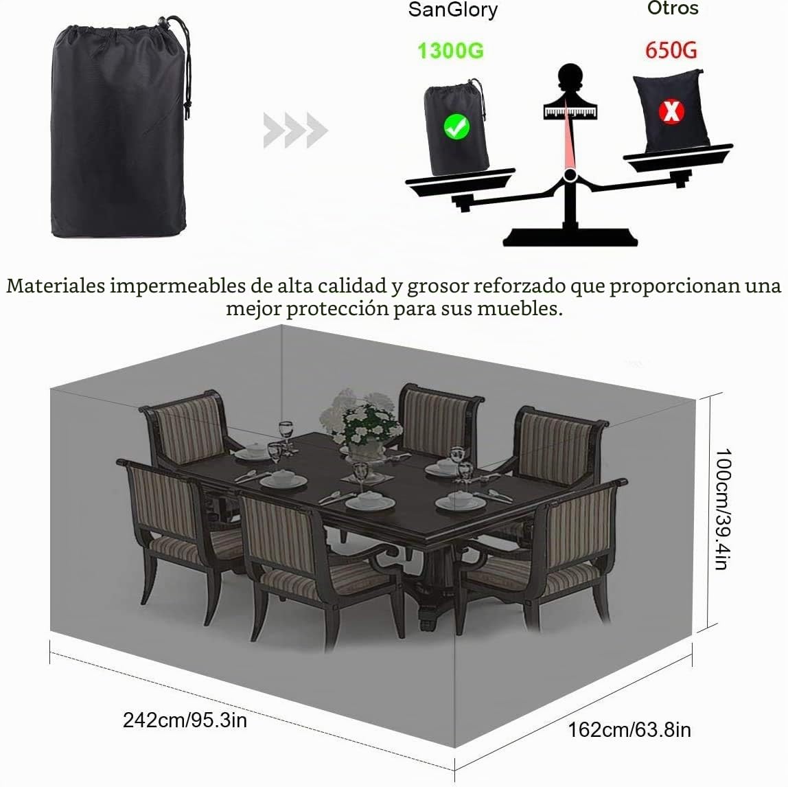 Funda Protectora Muebles Jardin, Funda de Mesa de Jardin, Cubiertas para Muebles de Jardín, Tela Oxford Cubierta de Exterior Impermeable, Anti-UV, Rectangular, 242x162x100cm