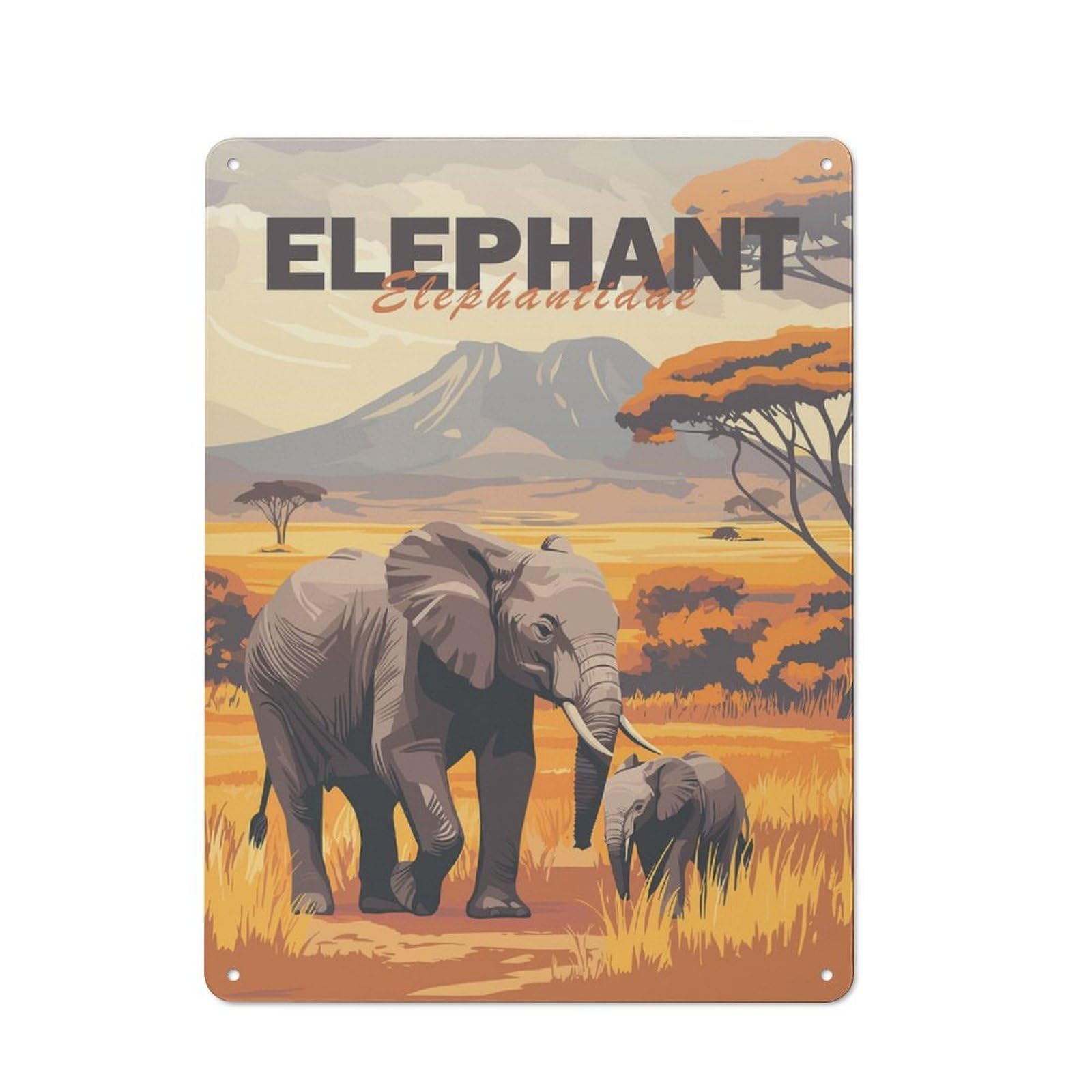 Junmoney Elephant Family In Savanna Vintage Metal Wall Sign 40X30cm For Café Or Restaurant, For Metal Sign Collectors, For Garage And Workshop Walls