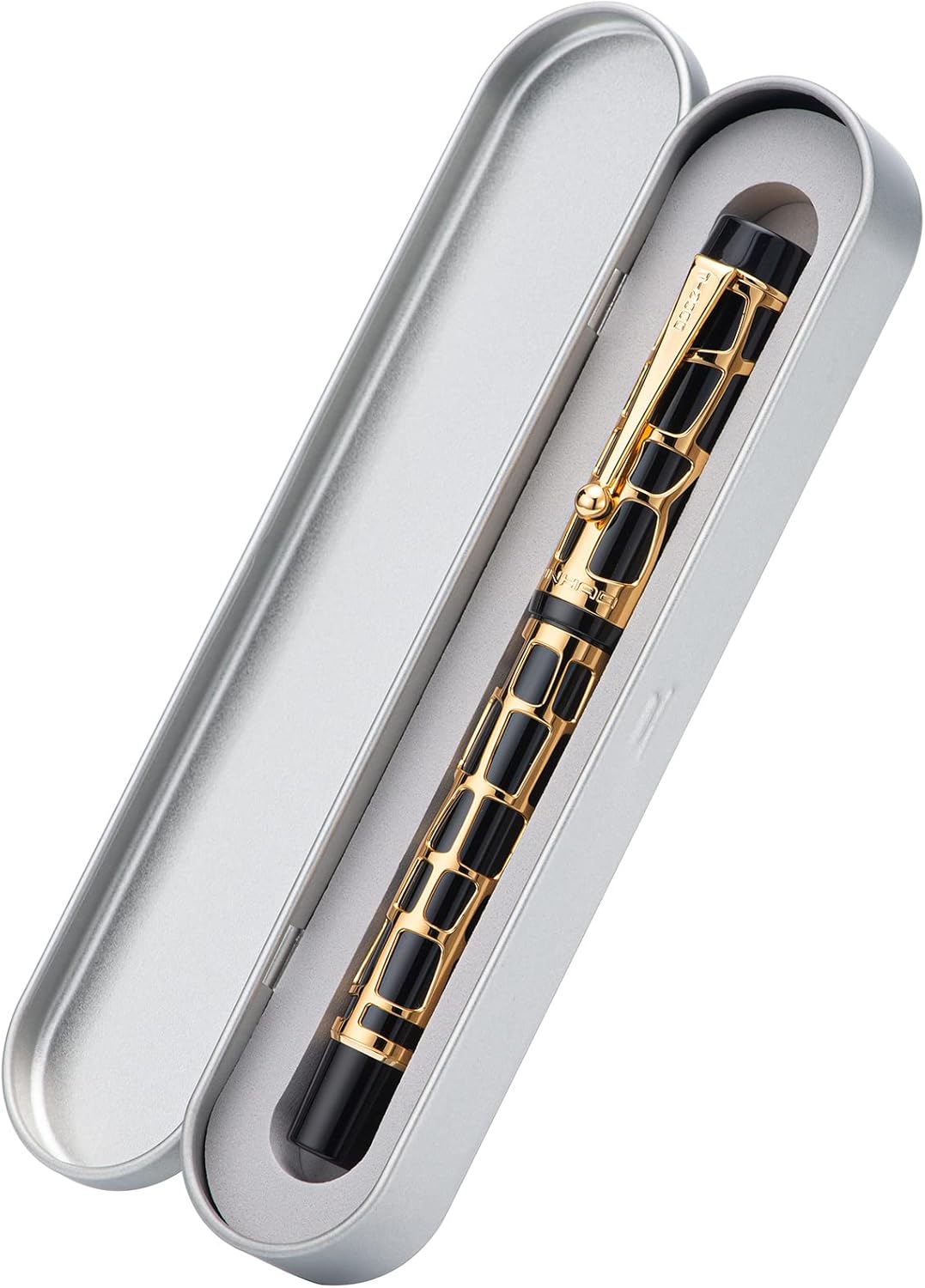 Jinhao 100 Fountain Pen Fine Nib Gold Trim Skeleton Black Acrylic with Converter and Metal Case Set