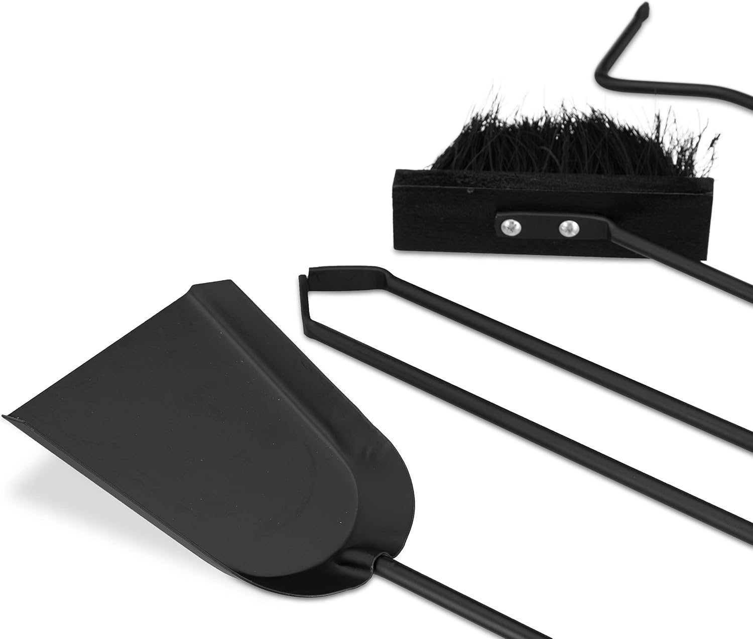 Relaxdays Modern Steel Fire Irons. 5-Piece Fireplace Companion Set with Shovel, Broom, Poker, Tongs and Stand, Black