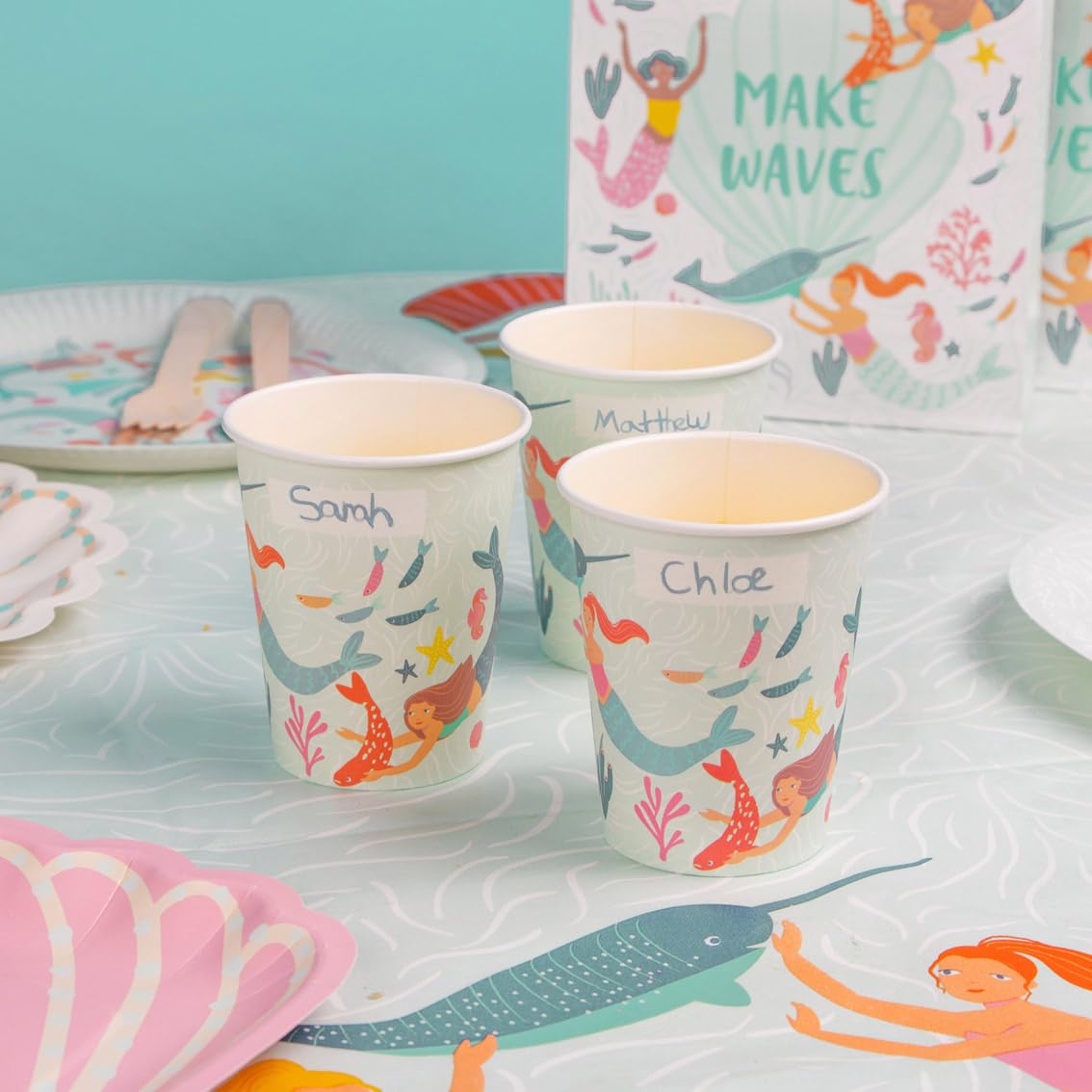 Talking Tables Mermaid Paper Cups Recyclable & Eco-Friendly Kids Birthday Party Tableware Decorations for Colourful Under The Sea Themed Celebrations or Baby Shower 8-Pack, WAVESCUP