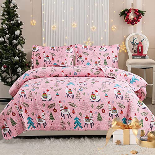 CHESITY Christmas Bedding Quilt Set Twin Size 3-Piece Kids Bedspread Xmas Bedding Set with Alpaca Pattern Lightweight Coverlet Cover for All Season (Pink, 1 Quilt + 2 Pillowcases)