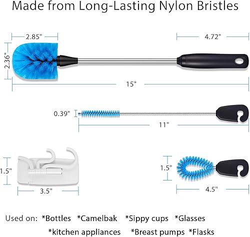 Miniatura 4 de Juego de cepillos para botellas de agua de acero inoxidable 3 en 1, cepillo de limpieza de botellas de agua de mango largo, construido para limpiar