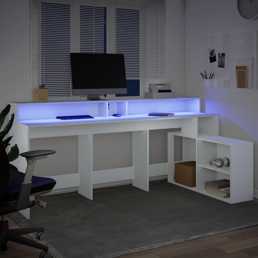 Scrivania LED bianca, 200 x 104 x 91 cm, materiale in legno, con illuminazione RGB, ampio spazio per gaming e ufficio