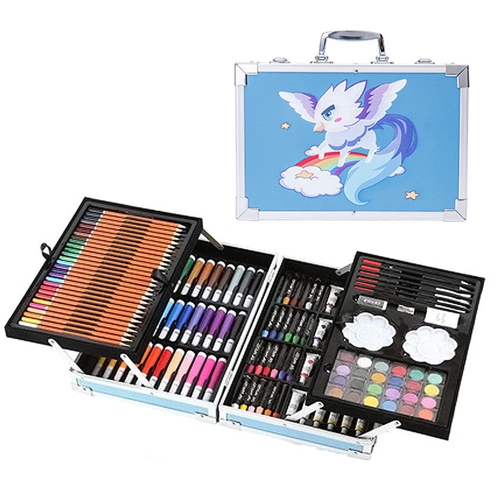 Seemo Art Set 145 Pcs Supplies Kit in Portable Case Painting & Drawing Set for Kids, Adults with Pencils, Markers, Paints, Pastels, Watercolor Cake, Sharpener, Eraser, Paint Brush, Sketch Pad Blue