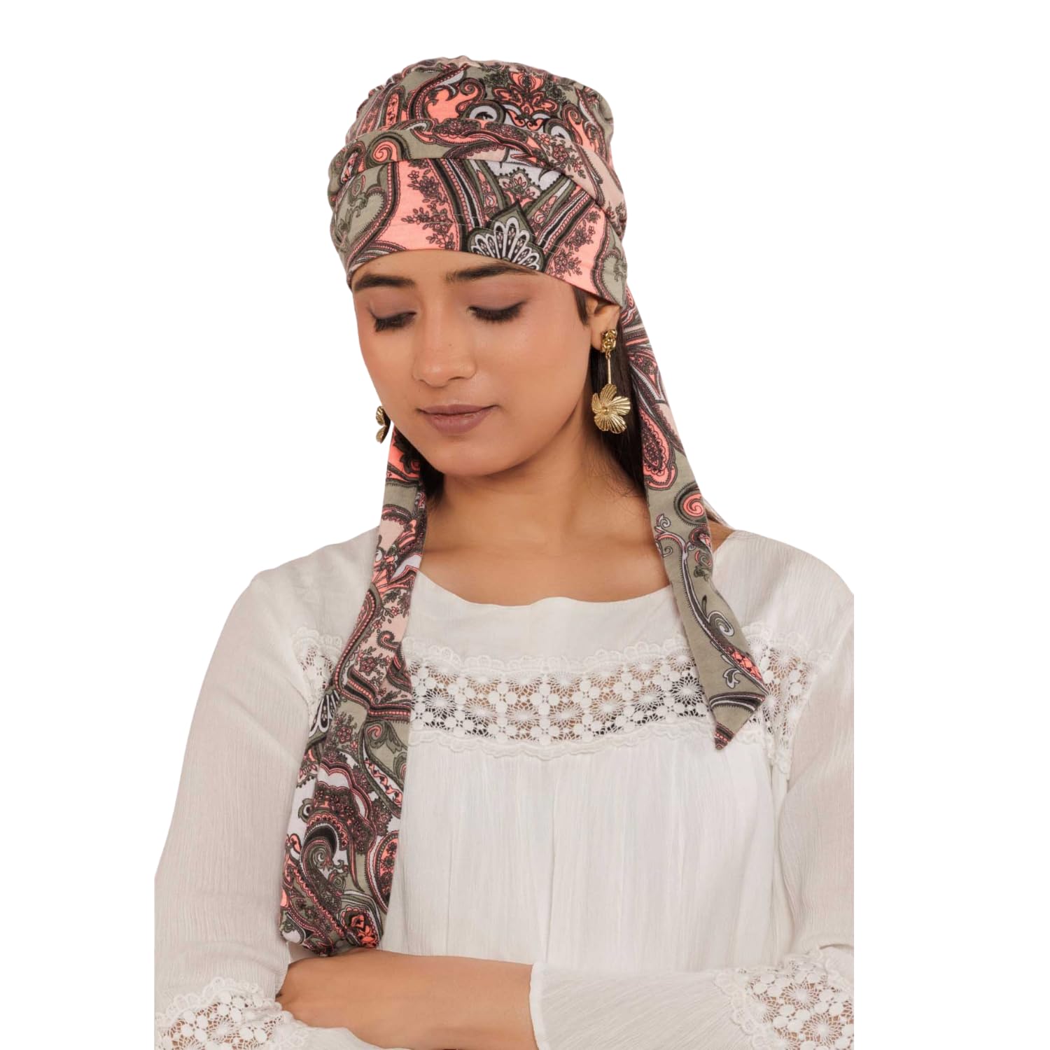 Women Bamboo Viscose Printed Cap with Printed Tail Scarf for Chemo Hair-image-25