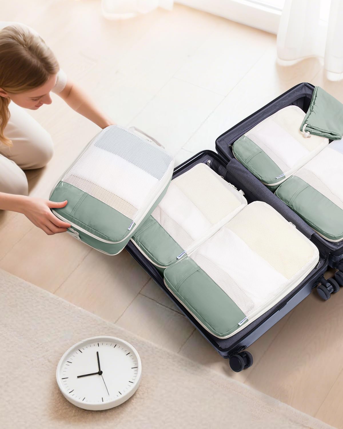Narwey 5 Pièces Organisateur Valise, Sac Compression Voyage, Compression Packing Cubes, Organisateur Valise Compressible, Cube de Rangement, Organiseurs de Bagage (Vert)