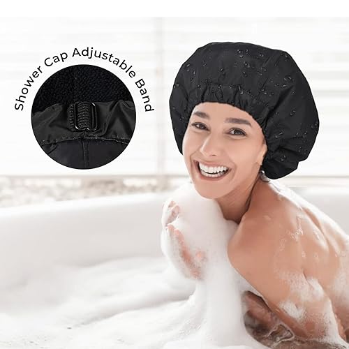 Miniatura 4 de Gorro de ducha para mujer, gorro de baño negro, reversible, grande, impermeable, ajustable, forro de rizo y banda elástica, dobladillo elástico