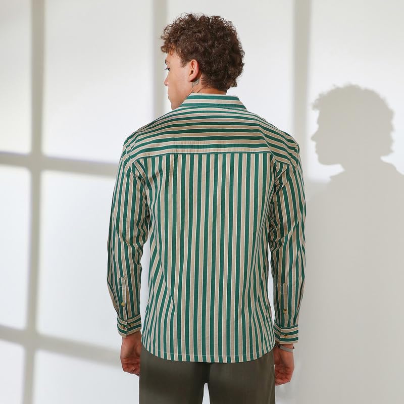 Image of CAHOOT Men's Multitrack Striped Oversized Shirt for Casual Wear | Spread Collar | Long Sleeve | Button Closure | Oversized Shirt Crafted with Comfort Fit for Everyday Wear