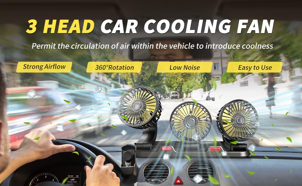 Image of AutoBizarre 12V Electric Car Cooling Fan 360 Rotatable Triple Heads Air Circulator Fan Manual Rotation 2 Speed for All Cars (Black)