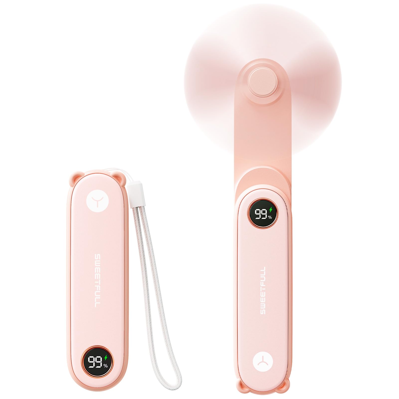 SWEETFULL Portable Handheld Mini Fan with LED Display, 3-in-1 Personal Foldable USB Rechargeable Hand Held Fan & Flashlight for Travel, Lash Eyelash, Cute Small Pocket for Women, Girls