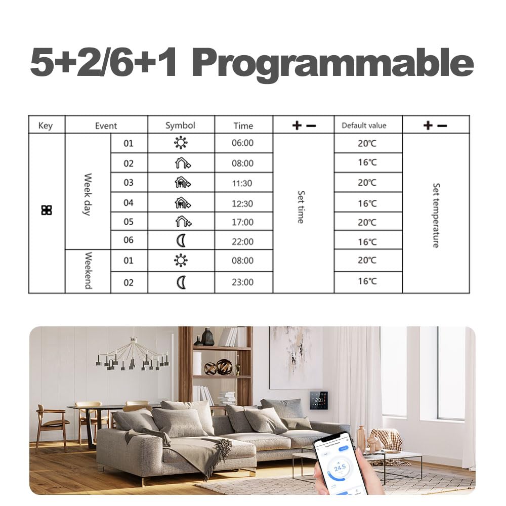 Aoresac Inteligentny termostat, Wi-Fi, programowalny, do ogrzewania podłogowego, wody, kompatybilny z , -Home, 3A, ekran dotykowy LCD, czarny