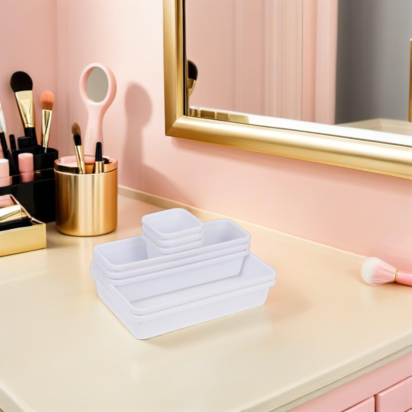ARTIBETTER Organizer per Trucco da Scrivania 16 Pezzi, Contenitori Modulari in Plastica Bianca 24x16x9 Cm, Scatole Divisorie Impilabili per Cassetti Bagno e Toeletta, Organizer Cosmetici
